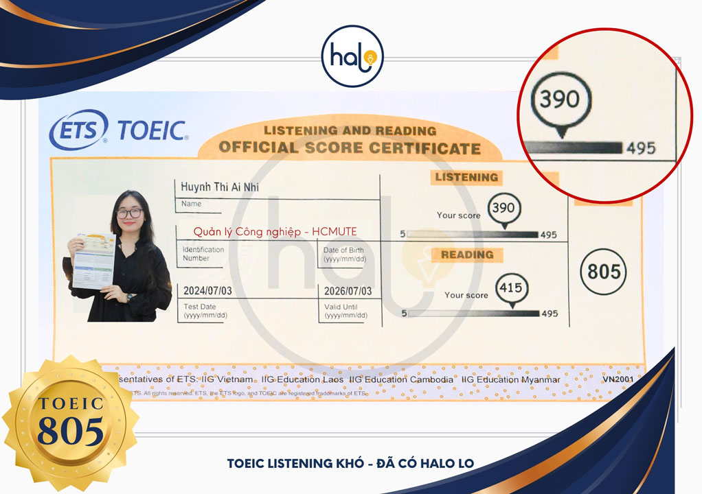 Chứng chỉ TOEIC 805 Huỳnh Thị Ái Nhi