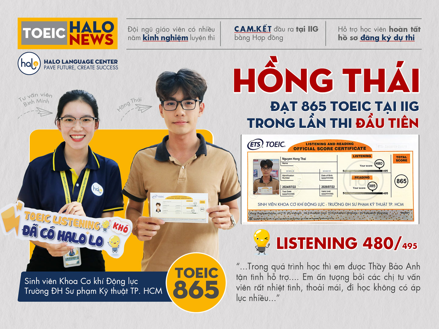 Hồng Thái đạt TOEIC 865 tại IIG trong lần thi đầu tiên