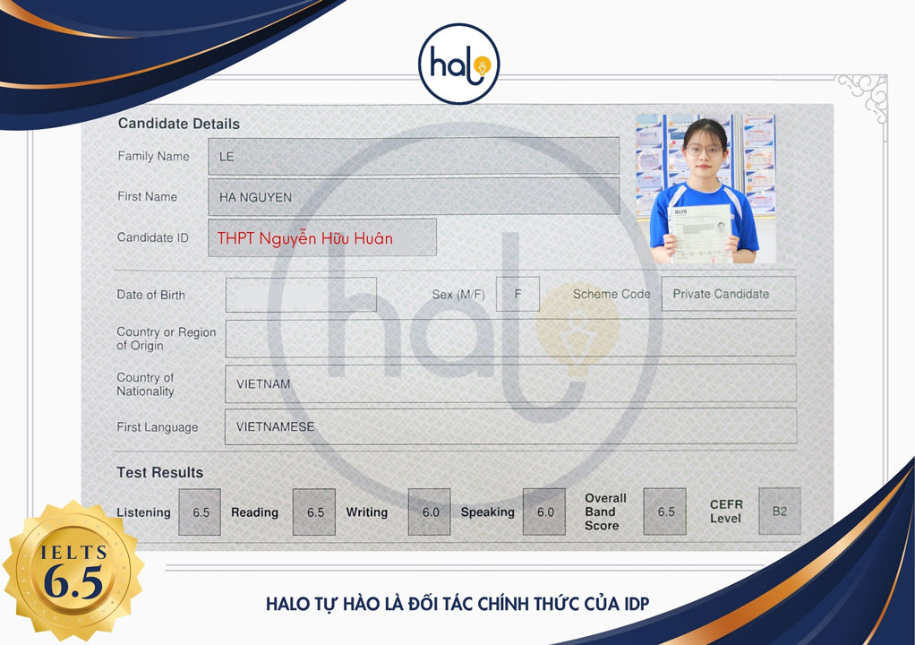 Chứng chỉ IELTS 6.5  - Lê Hà Nguyên