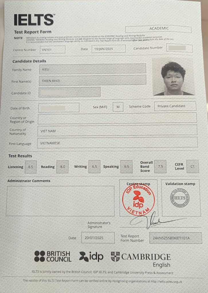 Chứng chỉ IELTS 7.5 Kiều Thiên Khôi