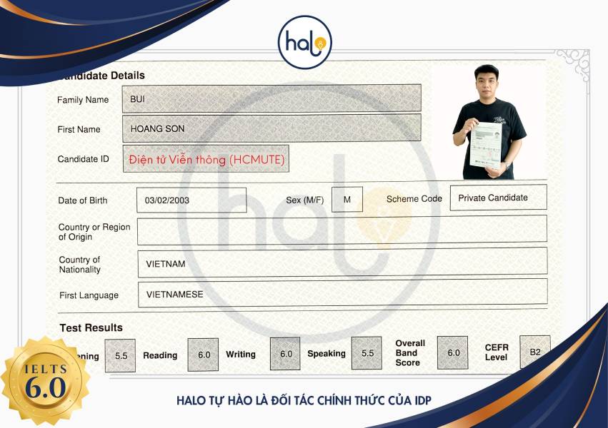 Chứng chỉ IELTS 6.0 của học viên Bùi Hoàng Sơn