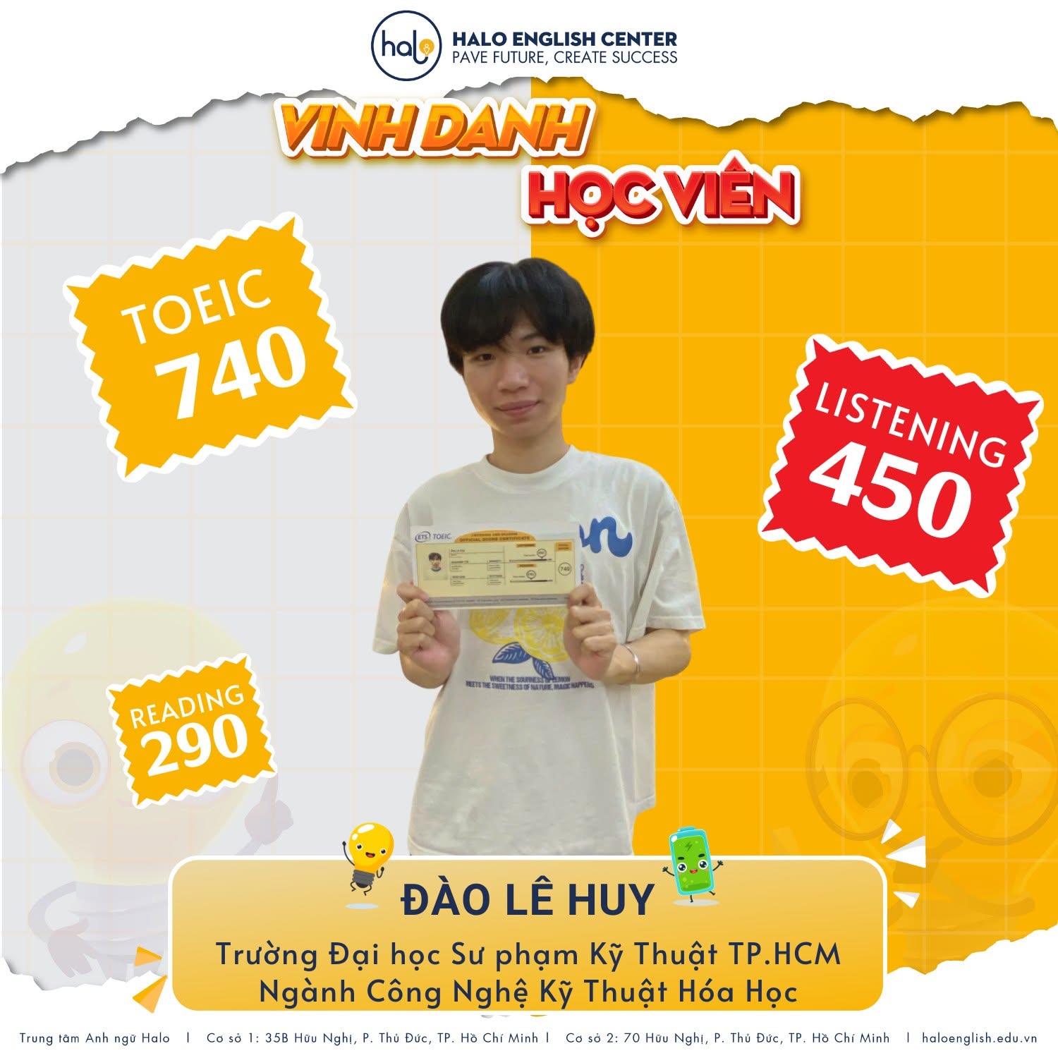 Vinh danh Đào Lê Huy đạt 740 TOEIC