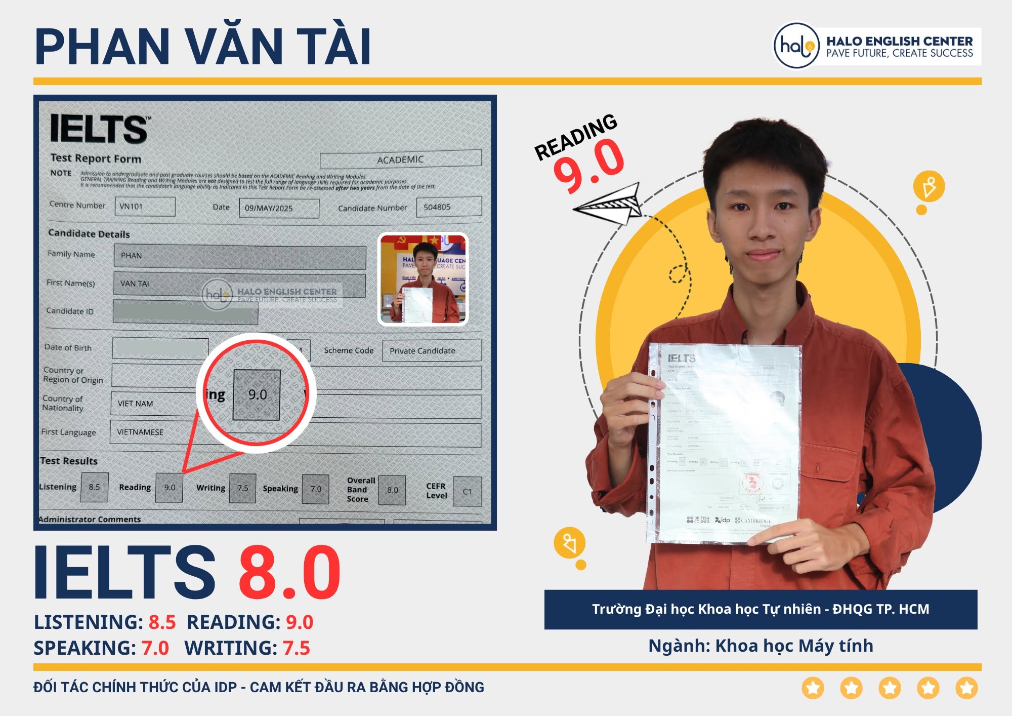 Chứng chỉ IELTS 8.0 của Phan Văn Tài