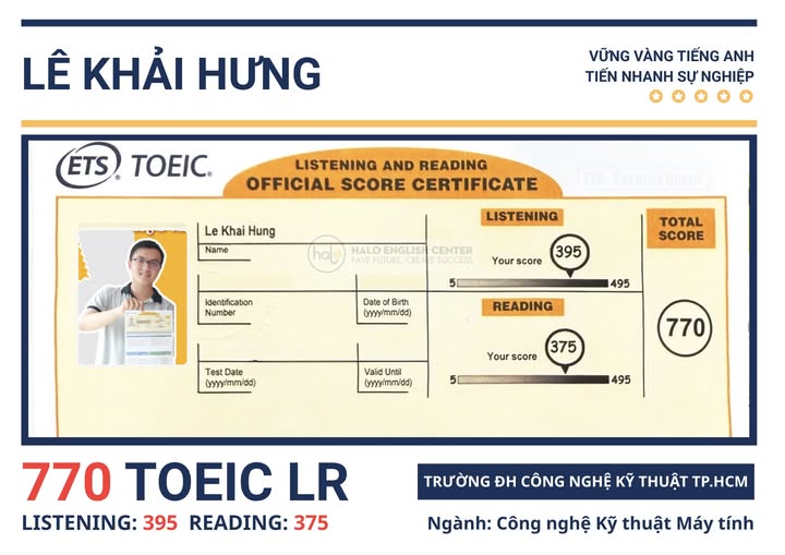 Chứng chỉ TOEIC của Khải Hưng