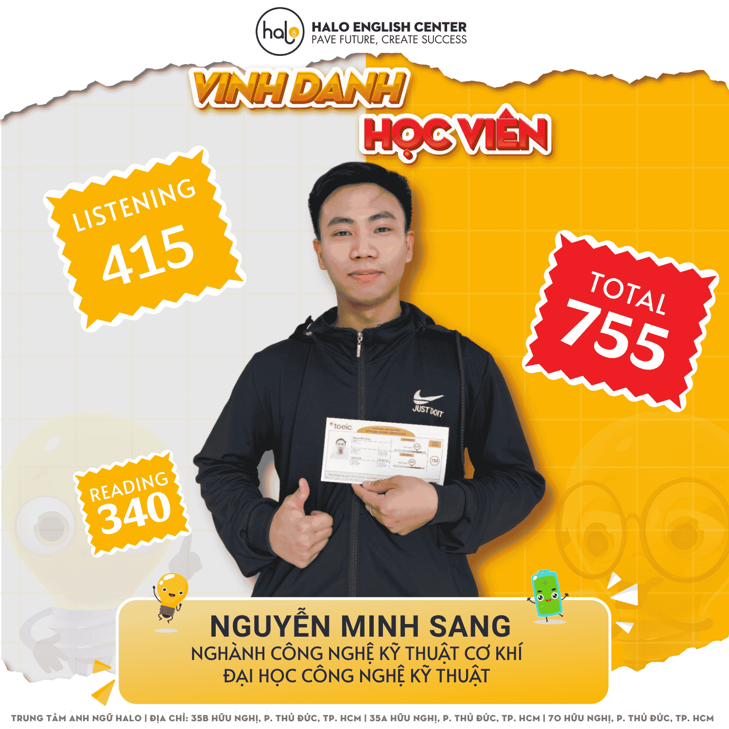 Học viên Nguyễn Minh Sang và tấm bằng TOEIC 755