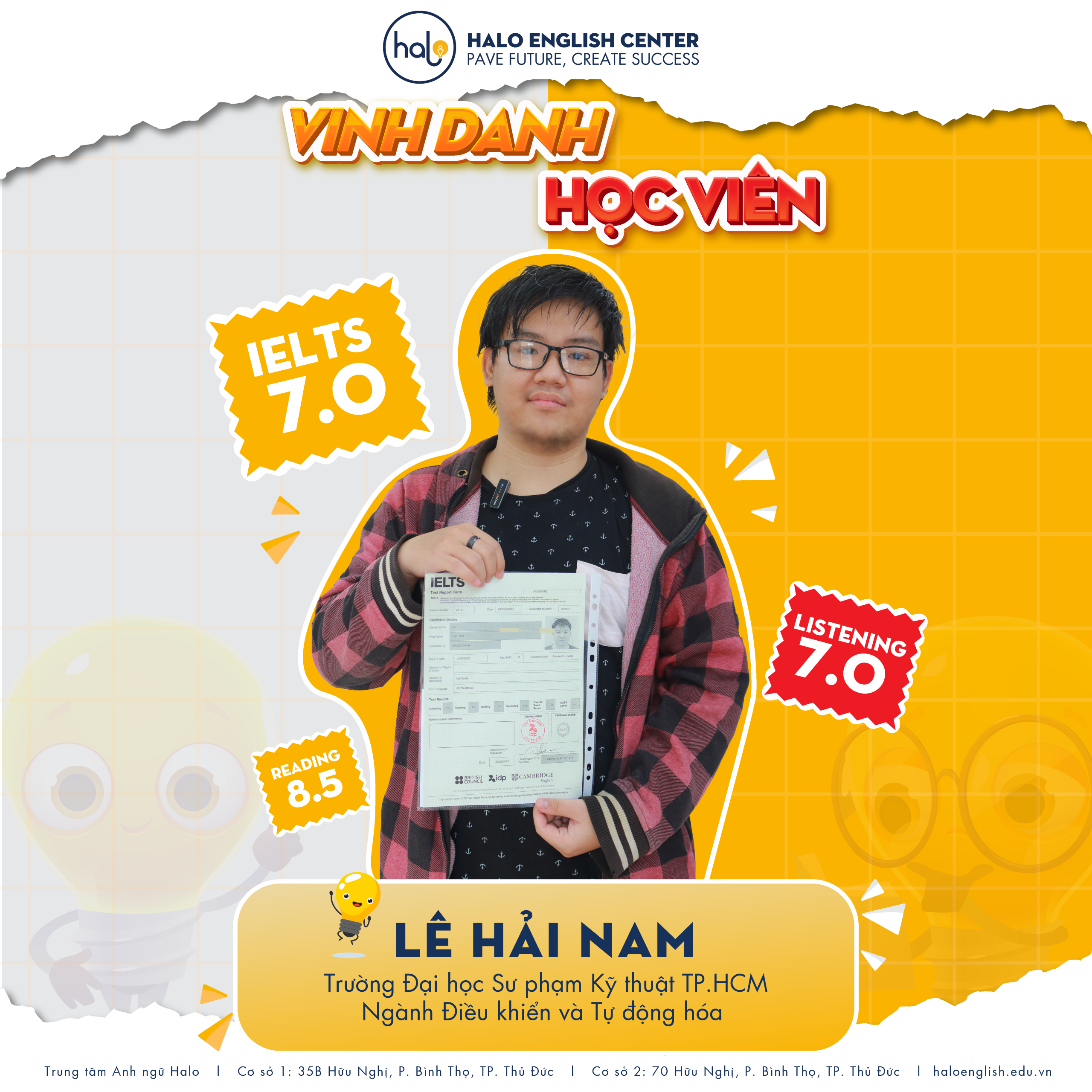 Vinh danh Lê Hải Nam đạt IELTS 7.0