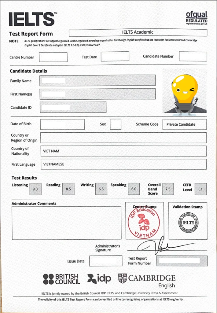 Ảnh bằng IELTS mẫu